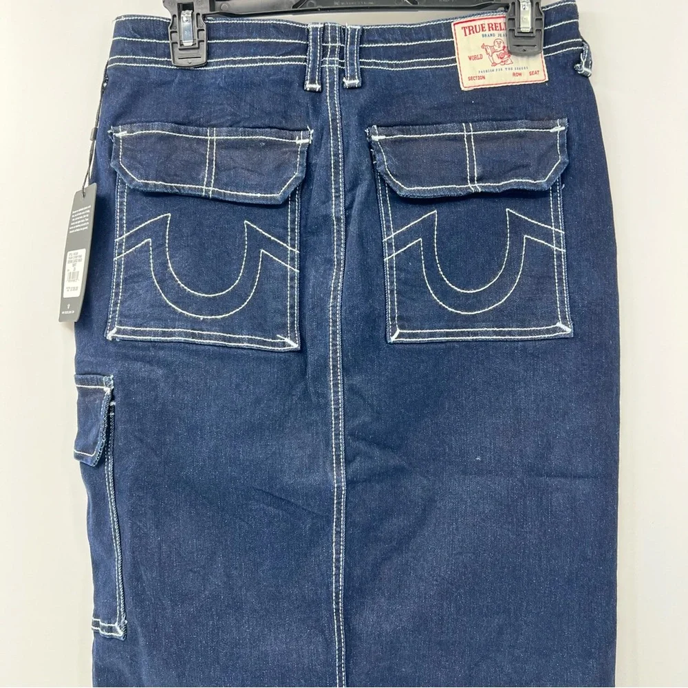 True Religion Cargo Denim Maxi Skirt 26 Dark Wash Y2K Utility NWT